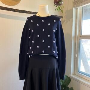 Talbots Blue Cotton Knit Pom Pom Embroidered Crewneck Sweater Size Large